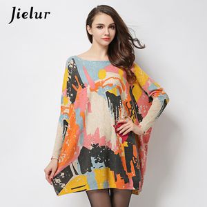 Jielur Autumn Winter Fashion Sticked Big Sweater Female Batwing Sleeve Loose Colorful Printed Women Sweaters Powlovers Long 220615