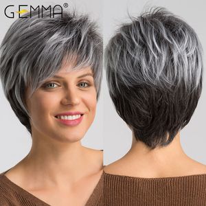 Gemma Korte Rechte Ombre Gray Ash White Black Synthetic Hair Pruiken met Side Bangs Pixie Cut Cosplay Party Daily for Women