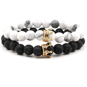 Black White Stone Beads With Gold Silver Color Crown Charm Bracelet For Women Men Bangles Jewelry Pulsera Drop