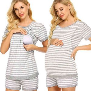 Pajamas For Pregnant Women Breastfeeding Homewear Striped Nursing Pajamas Set Maternity Work And Delivery Clothes Summer J220813