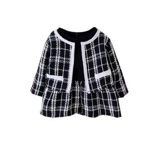 2-Piece Kid Clothing Sets Girl White Plaid Splice Long-Sleeve Dress And Cardigan Jacket Clothes Set 1040 E3