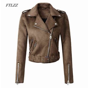 Ftlzz Women Faux Suede Jacket Coats دراجة نارية السوستة المنخفضة طوق Faux Soft Leather Overde Female Black Punk Short Jacket L220728