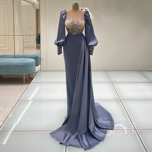 Purple Mermaid Prom Dresses Princess Satin Appliques Sequins Beads V Neck Long Sleeves Floor Length Party Gowns Plus Size Evening Dress Custom Made