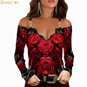 SNAKE YX Woman Tshirts Metal Shoulder Strap Long-sleeved Lace Rose Print Oversized Sexy Tops Plus Fashion 220801