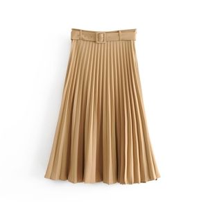 Kvinnor Fashion Belt Solid Color Pleated Midi Kjol Faldas Mujer Ladies Side Zipper Vestidos Retro Casual Slim kjolar Qun481 210311
