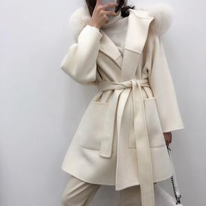 Kadın Yün Karışımları 2022 Orta Uzunluk Palto Kapşonlu Sonbahar Kış Yün Yünlü Yaka Gevşek Kaplama Phyl22