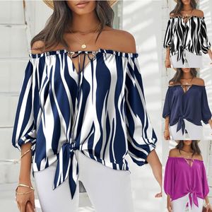 Women's Blouses & Shirts Fashion Casual Lace Up Striped Blouse Loose Sexy Off Shouler Tee Top Female Women Half Sleeve Shirt Blusas Feminina