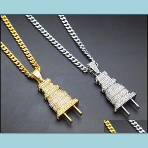 Pendant Necklaces Pendants Jewelry 24K Gold Plated Iced Out Bling Mens Plug Necklace Charm Micro Pave Fl Rhinestone Cuban Chain Hip Hop Dr