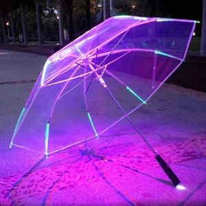 LED Clear Umbrellas Rain Umbrella Straight Flashlight Advertise Custom Kids Gift Transparent LEDs Light Umbrella HH22-238