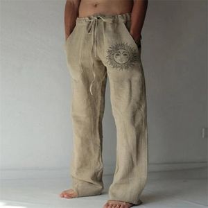 Erkek Pantolon Sweatpants Güneş Çiçek Baskı Tam Uzunluk Pantolon Cep Çizme Keten Pantolon Erkekler 220621