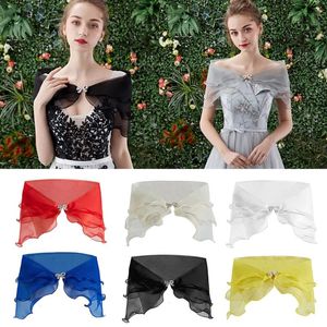 Women Vintage Layered Gauze Shawl Wrap Shrug Rhinestone Buckle Front Wedding Dress Cover Up Sexy Off Shoulder Ruffles Bolero