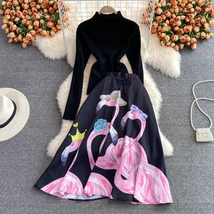 2022 Autumn Winter Runway Two Piece Dress Set Women Sticked Black Sweater + Floral High midje bollklänning Lång maxi kjol