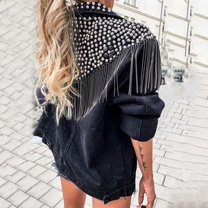 Kadın Ceketleri 2022 Jean Ceket Moda Uzun Kollu Gevşek Püskül Perçin Denim Kadın Üstler Sonbahar Bahar Siyah Dış Giyim Sokak Giyim