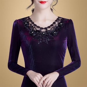 Spring Autumn Style Women Lace Bluses Shirts Lady Casual Long Sleeve O-Neck Purple Lace Blusa Tops 210226