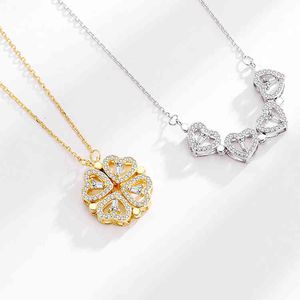 Halsband smycken hänge mode pvd guld pläterad cz diamant vikning magnetisk fyra hjärtbladklöver hänge rostfritt stål för kvinnor