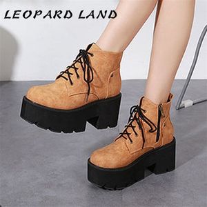 LTARTA Black Brown Women Boots Platform Thick Heels Winter Ankle Boots Bottom Thick Belt High Heel Boots LaceUp JXQ7693 201031