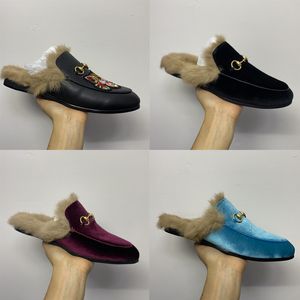 Men Women Mules Princetown Leather Slippers with Fur Mules Flats Genuine Leather Designer Fashion Metal Chain Ladies Casual Shoes US 5-12 NO14