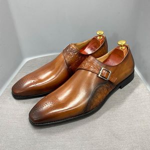 Fashion Mens Monk Strap Klänning Skor Alligator Tryck Äkta Ko Läder Handgjorda Bröllop Kontor Formella Business Skor För Män 220321