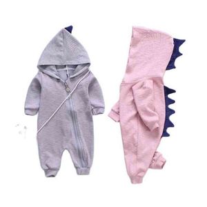 2021 Spring Kids Tales Newborn Baby Romper Suit Solid Hooded Dino Boys Girls Bott Cotton Babywear 4 Colors G220510