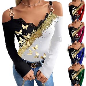 Metal Ring Sling Butterfly Flower Print T-shirt Women Fashion Sexy Lace V-Neck Off Shoulder Long Sleeve Tops Ladies Street Tees 220511