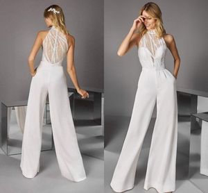 Strand bröllop jumpsuit klänning tyll illusion spets hög hals skev krage backless mode office lady raka byxor romper