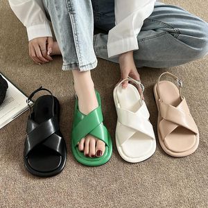 Sandals Women's Summer 2022 Buckle Narrow Band Flat Beach Roman Shoes Fashion Round Toe Solid Color Gladiator FemmeSandals
