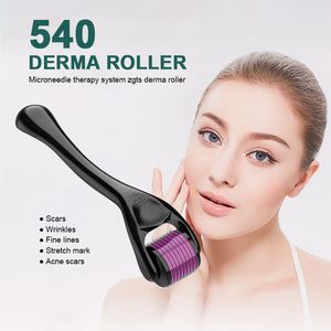 Fabbrica di alta qualità 540 Derma Skin Beauty Microneedle Roller Lunghezza da 0,2 mm a 3,0 mm Titanio 540 pin Maniglie Viola Blu Per uso personale Rimozione occhiaie