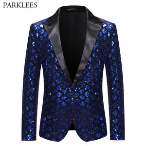 Royal Blue Cekiny Glitter Zdobione Blazer Jacket Men One Button Shiny Plaid Tuxedo Blazers Mens Nightclub Bal Stage Kostiumy 220409
