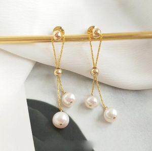 18 -karatowe złoto długie podwójne koraliki stadninę żyrandol żyrandol słodkowodne kolczyki perłowe białe dama/dziewczyna biżuteria mody