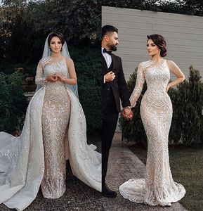 Sparkling Mermaid Wedding Dress One Long Sleeve V Neck Backless Hollow Appliques Sequins Detachable Train Floor Length Bridal Gowns Custom Made Vestido De Novia