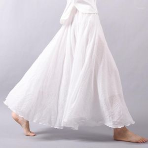 여성 여름 치마 린넨 코튼 빈티지 긴 스커트 탄성 허리 Pleated Maxi 베이지 색 화이트 Boho Faldas