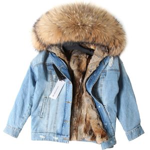 Natural Raccoon Big Fur Terct Denim Jacket Quality Arbbit Arbbit Cine Cloy Warm Mashing Women Street Clothing 201103