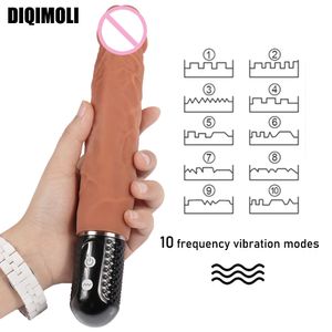 Gerçekçi Silikon Titreşimli Dildos 10 Frekanslar Titreşim Phallus Büyük Penis Vibratör Dick Seksi Oyuncaklar Kadınlar için Mastürbasyon