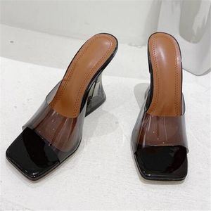 Nova Moda Mulheres Chinelos Sandálias Sandálias Bombas Moda Feminino Transparente High Heels Quadrado Toe Slides Senhoras Sapatos De Verão