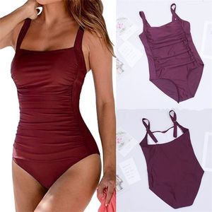 Swimsuit Women Tummy Control Swimwear Plus Size Bathing Suit Ruched Monokini Vintage Solid Summer Beachwear 2XL 220620