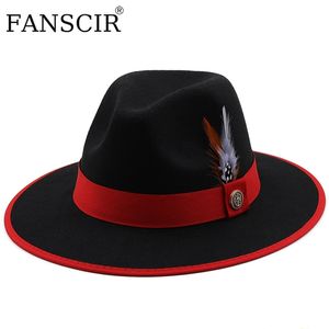 Para jazzowych kapeluszy z szerokim rondem wełniany kapelusz Fedora kobiety czarny biały Fascinator ślub kościół z piór Fuxury pasy do kapeluszy mężczyzn 220812