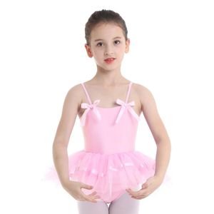 Tjejklänningar Kids Girls Child Ballet Dance Performance Dancewear Spaghetti Shoulder Straps med Bowties Gymnastics Leotard Tutu Dress