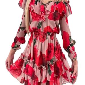 Sexy Pink Off Shoulder Floral Print Summer Dress Women Casual Mesh Sleeve Tiered Ruffle Chiffon Boho Mini Flower Dress Lady 220514