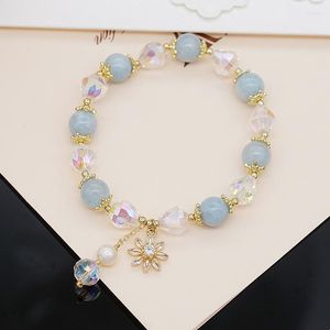 Beaded Strands Flower Pendant Sky Blue 8mm Natural Crystal Freshwater Pearls Beads Strand Bracelets Women Fashion Jewelry Accessories YBR51