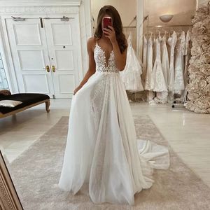 2022 Boho Hochzeitskleid Spaghettiträger Applikationen Spitze Böhmische Brautkleider Spitze Brautkleider Trouwjurk Robe de Mariage