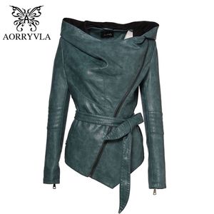 Aorryvla Autumn Women Slim Leather Jacket Hoodies Full Sleeve Kort längd Längd Casual Black Faux Leather Jacket With Belt 201214