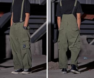 Calças masculinas suspensórios calças streetwear macacão multi-bolso trabalho carga casual calças largas calças masculinas