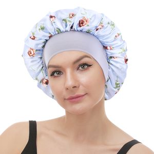 Kvinnor Rose Flower Satin Bonnet Wide Elastic Band Night Sleep Cap för Curly Springy Headwrap Hair Care Chemo Cap Soft Headcover
