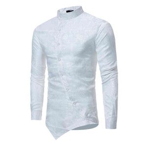 Camisa de Paisley White Men 2022 Novo camisa irregular oblíqua de camisa social Camisas causais de vestido de manga longa Slim Fit Homme Homme L220704