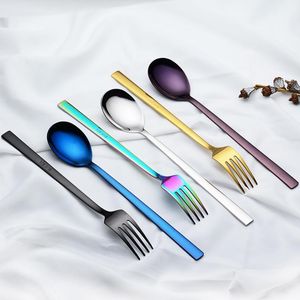 Flatware Sets Fine Stainless Steel Cake Fruit Spoons Square Handle Dessert Fork Soup Kitchen Outdoor Cutlery FlatwareFlatware