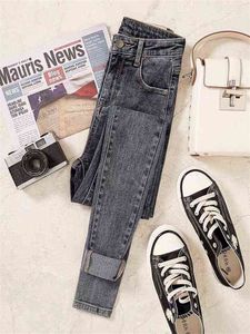 Jeans skinny a vita alta Donna e autunno Nuovi pantaloni semplici blu-grigi slim fit a nove punte Pantaloni denim alla moda Donna L220726