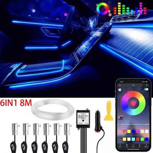 6in1 8m neon led tira de carro interior ambiente App App Música Controle de fibra óptica EL LED AUTO ATIVO ATIVO Lâmpada decorativa Y220708