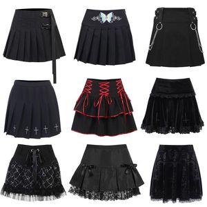 Skirts Punk Harajuku Mini Skirt Sexy Y2K Grunge Gothic Black Lace High Waist Pleated A-line 90s Vintage Women E-girl Clothes