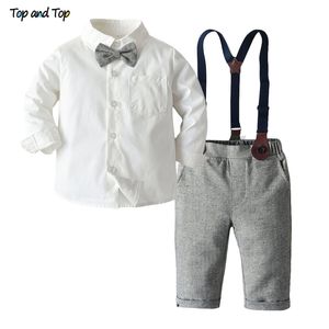 Top und Mode Kinder Kleidung Sets Jungen Gentleman Anzug Langarm Weiß Fliege Hemd + Overalls 2 Stücke Kleidung Outfits Smoking 220507