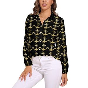 Women's Blouses & Shirts Nautical Blouse Long Sleeve Gold Anchor Print Vintage Female Street Wear Oversized Shirt Graphic Top Birthday Prese